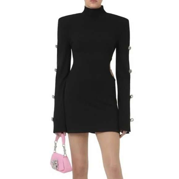 NWT MACH & MACH Crystal Embellished Bow Cut-Out Mini Dress Black Knit Size 10 - Picture 16 of 16